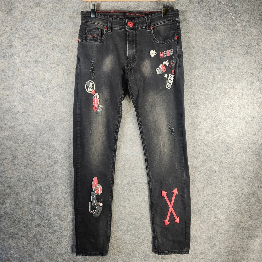Chopp Shop Jeans Men 30 Skinny Fit Black Punk Faded Graphic Patch Distressed Y2K